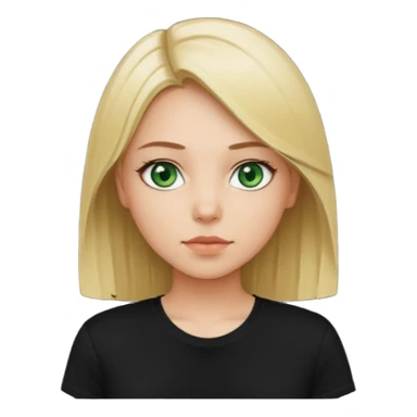 Girl with green eyes, blonde with straight hair to the chest in a black t-shirt sticker