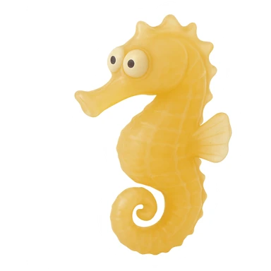 Make the seahorse a natural color (e.g., yellow or orange), more transparent and see-through, retro 90's toy style, derpy eyes, no tag, no background, soft plastic, soft reflections, soft and squishy, some cloudiness, not shiny, highly detailed, appealing. sticker