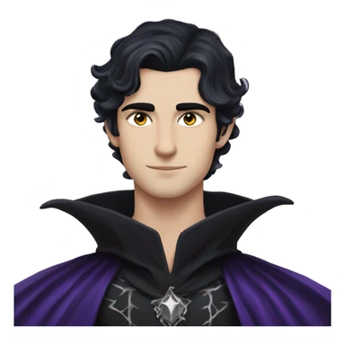 Rhysand has straight short blue-black hair, like a raven's feathers and violet/purple eyes with flecks of silver like starlight, he wears a black cloak and a black and silver crown sticker