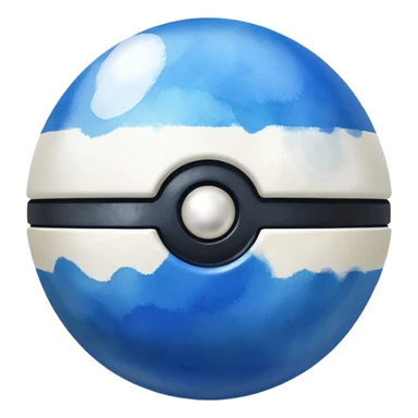 blue pokeball emoji, top half is a more saturated blue, bottom half is white, black stripe, with a white sheen, with a pearlescent finish, with a watercolor effect sticker