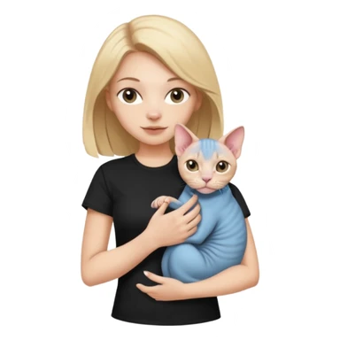 A white girl with light hair in black T-shirt is holding a Sphynx girl cat in her arms sticker