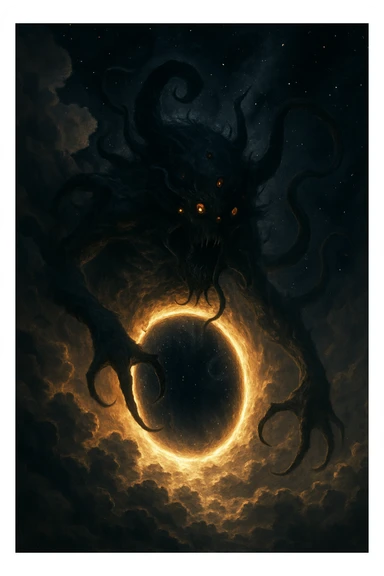 monstrous cosmic being breaking through a glowing portal in the clouds, stars and void visible, surreal and terrifying, detailed art style sticker
