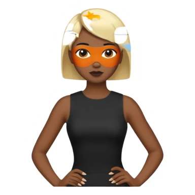 Blonde woman, black, tight, sleveless Dress, man black cut sticker