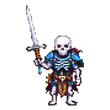 pixel art skeleton warrior wielding a sword, classic RPG look sticker
