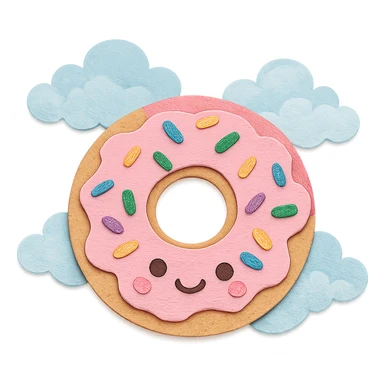 kawaii donut with rainbow sprinkles and happy face, floating in a dreamy cloud background, paper craft style sticker