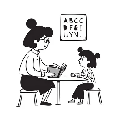 educator or speech therapist with child, who helps child with lessons sticker