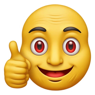 a yellow emoji with a thumbs up but it is really cursed like red eyes and detailedwrinkles sticker