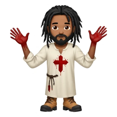 African American man with shoulder length black dreadlocks with black beard wearing a white tunic with blood on it wearing timberland boots with hands out sticker