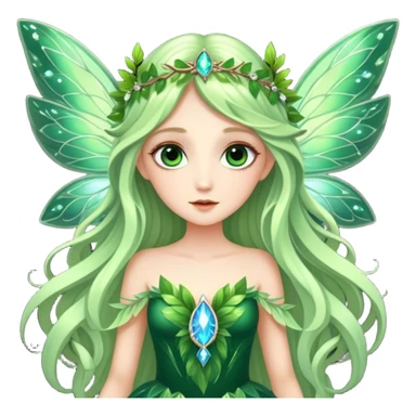 CGI, ultra detailed Forest fairy with long flowing hair, large shinning eyes, and beautiful jewel like luminescent wings. She is wearing a gorgeous gown of leaves. The image is so lifelike it could leap off the page at any moment sticker