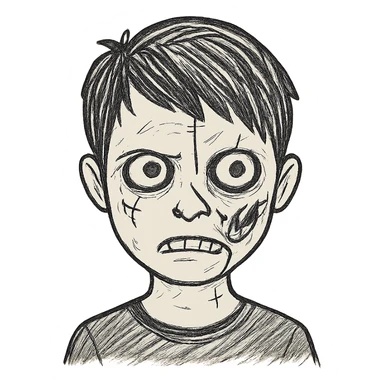 Add more zombie details such as greenish skin, visible stitches, and a scar. Keep the emo black hair and black shirt. No background. sticker