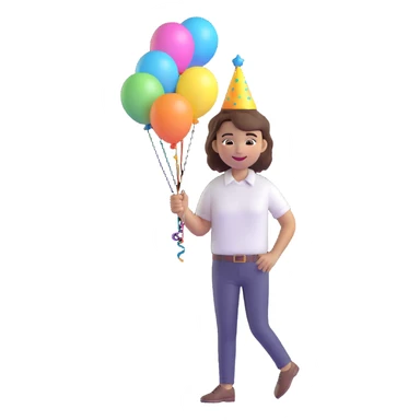 3D emoji style character with short tousled brown hair, light skin, white shirt, festive party vibe, holding a balloon, smiling, wearing a party hat, fiestero emoji sticker