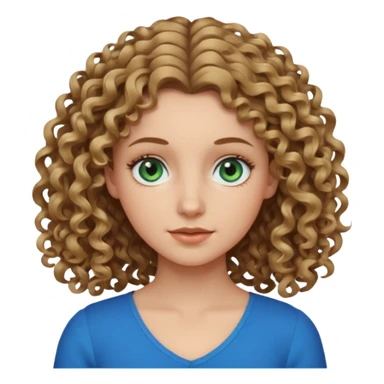 white girl with dark blonde shoulder length curly hair and blue-green eyes, neutral expression sticker