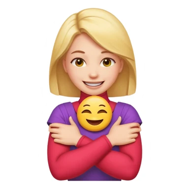 A woman with arms crossed holding neck laughing emoji sticker