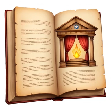 Ancient book open to display hand-drawn theatrical set design sketches on parchment pages, with Puerto Rican flag colors subtly incorporated, wooden theater elements, warm glowing aura sticker