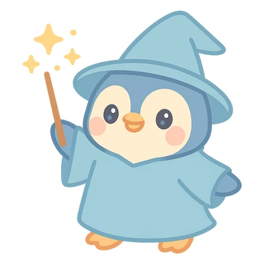 penguin wizard casting a spell, sparkles, blue robe, fantasy style sticker