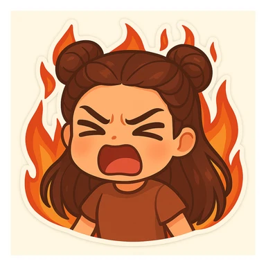 Create a chibi sticker of a girl with double bun hairstyle, same face and clothes as previous stickers, angry and screaming with a furious expression, surrounded by flames. sticker