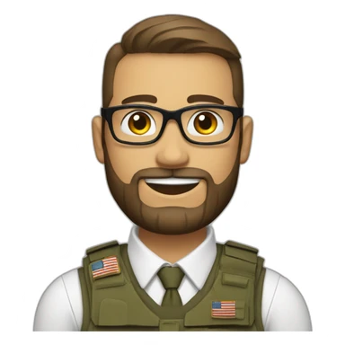 soldier with a beard, a part in hair, wearing glasses, a white collared shirt, a bow tie, bulletproof vest with an american flag sticker