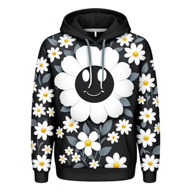 The BLACK Denim Tears Hoodie features a black base with distinctive black and white flowers. Each flower has a white outer ring with an empty space in the middle, creating a hollow, open design. These patterns are scattered across the hoodie for a bold and unique look. sticker