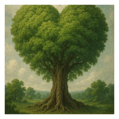 a giant tree with a canopy perfectly shaped like a heart, towering and majestic, highly detailed, natural, fantasy art sticker