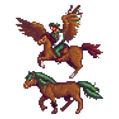an eagle riding a stallion, pixel art style sticker