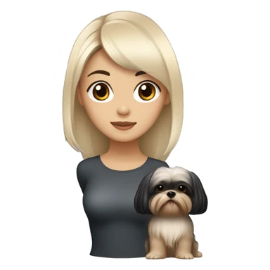 long black hair korean girl with her beige and black shih tzu yorkie. The dog has round face, short ears and has light distinct eyebrows  sticker