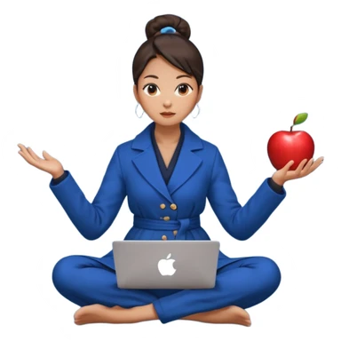 emoji of an asian woman with a single bun in a long blue coat sitting cross legged with dna levitating above one hand and an apple laptop above the other hand sticker