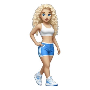 hyperrealist white long curly blonde hair blue eyes girl with white sports bra tight blue short shorts and sneakers walking towards camera sticker