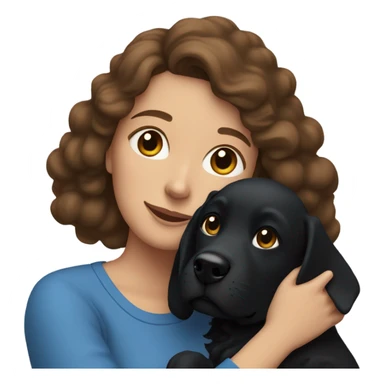 A lady with a brown hair and a blue sweatshirt petting a black dog sticker