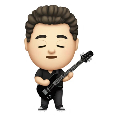 chubby chines with fair skin and man bun and black shirt and bass guitar sticker