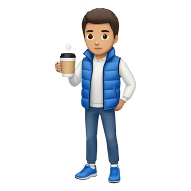 full body man with long sleeve white shirt with blue puffer winter vest with no pockets wearing straight blue jeans with no cuffs and black tennis shoes holding a coffee mug in one hand in front of him and nothing in the other hand sticker