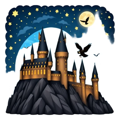 hogwarts castle on a starry night and owl flying in the air silhouette  sticker