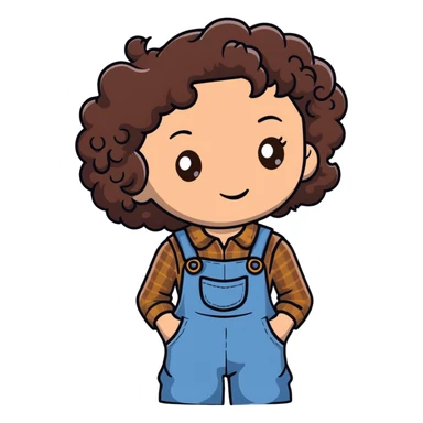 white girl with very curly dark brown hair, brown eyes, wearing farm clothes sticker
