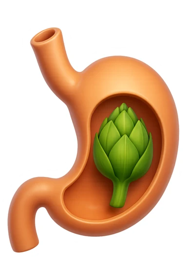 emoji stile iphone 3d di uno stomaco umano con una foglia di carciofo dentro, iperrealistico 4k sticker