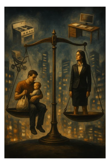 Scena metaforica: una bilancia sociale sbilanciata, con un uomo seduto da un lato con un bambino in braccio e una borsa della spesa, mentre una donna in carriera in abiti formali guarda lontano con espressione determinata. Intorno a loro, simboli confusi dei ruoli tradizionali (fornello, scrivania, passeggino, ufficio). Sullo sfondo, una città moderna e caotica. L’atmosfera è riflessiva, non giudicante. Luci contrastate, come a simboleggiare tensione culturale. in italiano sticker