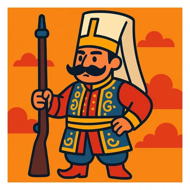 an Ottoman Janissary, stylized as a cartoon character, with a tall hat and ornate clothing sticker