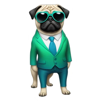 dog pug-in-gradient-green-blue-suit-with-and-black-sunglasses-standing-with-black-shoes sticker