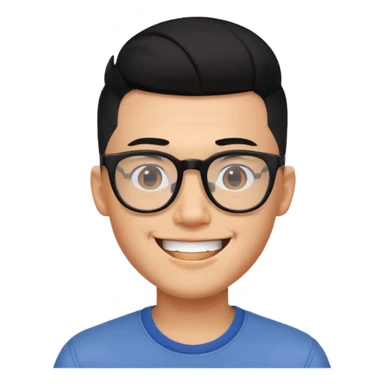 Asian guy with black hair undercut, shaved sides, square glasses, big smile, trendy and young sticker