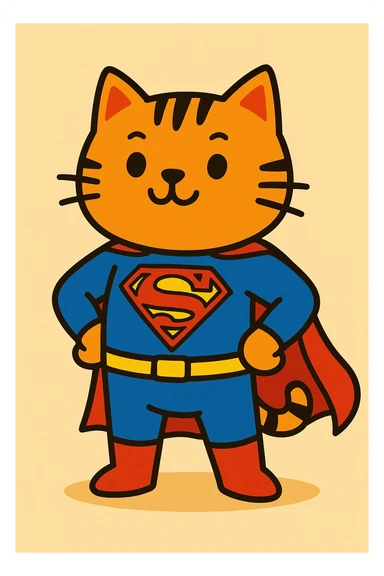 cute cat dressed as Superman, standing proudly, bold colors, cartoon style sticker