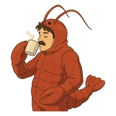 man in a lobster costume sipping coffee sticker