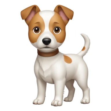 a full body white jack russel looking dog the size of a kelpie with light brown ears and a light brown patch on one eye, flopped down ears and a large snout sticker