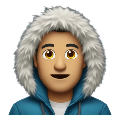 A man wearing a jacket with big fur hood sticker