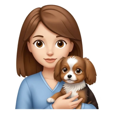 a brown-haired girl holding a mini yorkshire dog sticker
