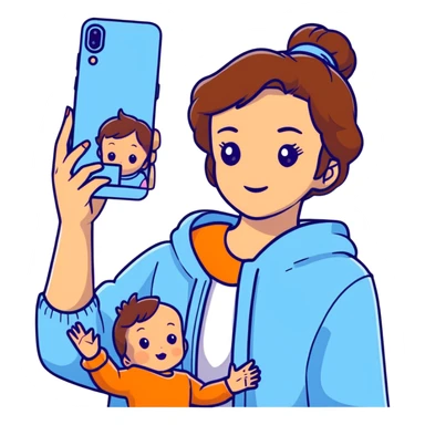 brunette girl with brown hair wearing pastel blue clothes holding a baby and taking a selfie sticker