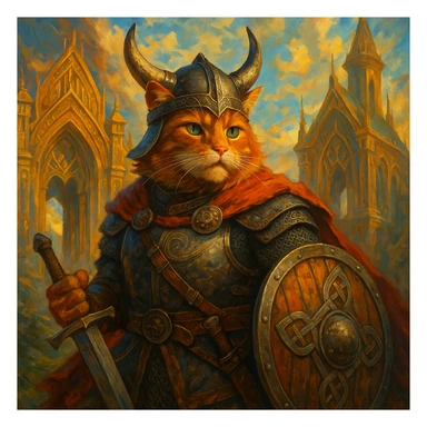 heroic Viking ginger cat in Valhalla, detailed, epic, vibrant colors, fantasy style sticker