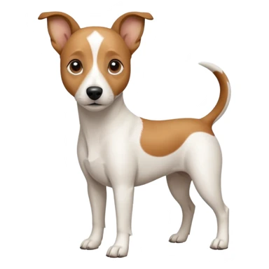 a full body white jack russel looking dog the size of a kelpie with light brown ears and a light brown patch on one eye and a large snout sticker