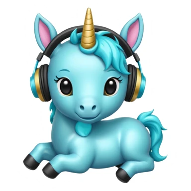 Unicornio bebé cyan sentado escuchando música con auriculares negros sticker