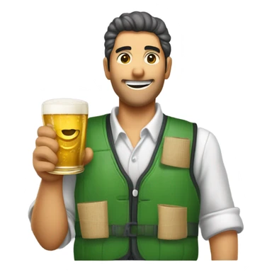 un vendedor con un palo de ciego, un chaleco verde, y tiras de cupones en el chaleco, bebiendose una cerveza sticker