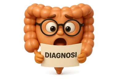 EMOJI STILE IPHONE DI UN INTESTINO CON GLI OCCHIALI CHE LEGGE UN FOGLIO CON LA SCRITTA DIAGNOSI, ESPRESSIONE STUPITA IN VOLTO, IPERREALISTICO 4K sticker