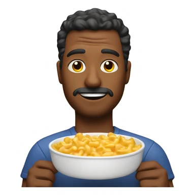 A nauseous man with a bowl of mac n cheese with ketchup  sticker