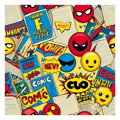 Create a vibrant emoji representing comic books and graphic novels as an art form. The design should feature a large, open comic book with vintage comic panels on the pages. Include a pencil (without a hand) gently writing text or sketching on the pages. The comic panels should have bold lines and retro-style artwork with classic comic book visuals. Use bright, energetic colors like red, yellow, and blue to evoke excitement and creativity. The overall design should feel dynamic, vintage, and artistic. Make the background transparent. sticker
